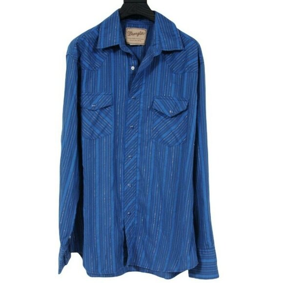 Wrangler Mens Button Down Shirt Size Large Blue Western Metallic Striped Snap - Picture 1 of 7